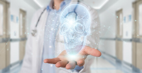 Fototapete - Radiologist using digital x-ray skull holographic scan projection 3D rendering