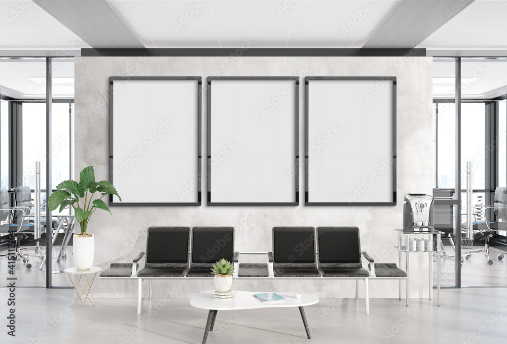 Three vertical frames Mockup hanging in office waiting room. Mock up of billboards in modern concrete interior 3D rendering - obrazy, fototapety, plakaty 