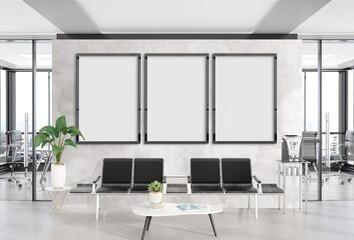 Aufkleber - Three vertical frames Mockup hanging in office waiting room. Mock up of billboards in modern concrete interior 3D rendering