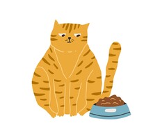 Cute Hungry Cat Looking At Bowl With Food Isolated On White Background. Adorable Big Fat Ginger Kitty Sitting Near Its Feeder. Hand-drawn Colored Flat Vector Illustration In Doodle Style