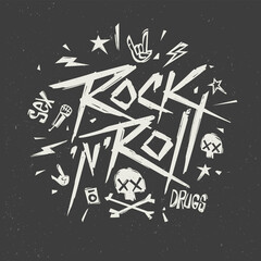 Poster - Rock'n'Roll music Creative Lettering Grunge style  , Print tee or poster isolated vector. Rock n Roll culture vintage style print stamp t-shirt. Vector lettering artwork
