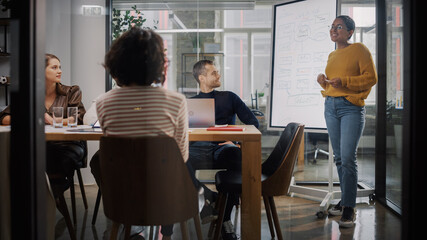 Wall Mural - Project Manager Makes a Presentation for a Young Diverse Creative Team in Meeting Room in an Agency. Colleagues Sit Behind Conference Table and Discuss Business Development, User Interface and Design.