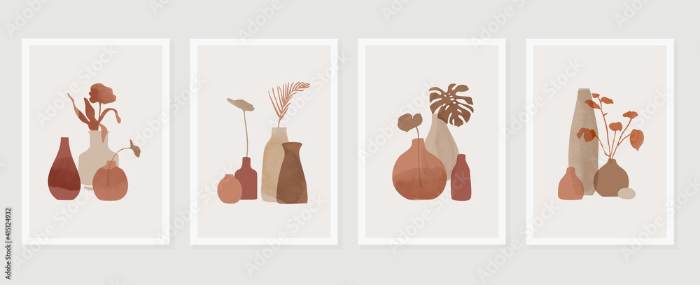Botanical and vase wall art vector set. Floral and Foliage in bottle line art drawing with  abstract shape.  Abstract Plant Art design for print, cover, wallpaper, Minimal and  natural wall art. - obrazy, fototapety, plakaty 
