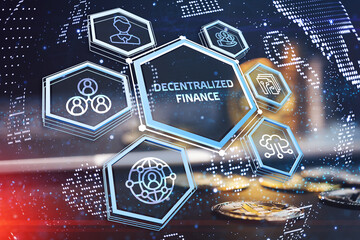 defi -decentralized finance on dark blue abstract polygonal background. concept of blockchain, decen