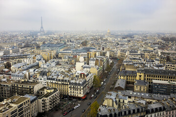 Aerial view of Paris on a foggy day. France.