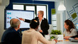 © DC Studio - Diverse business people, staff group, sitting at desk in office, discussing about financial problems. Executive manager showing a presentation on digital interactive whiteboard with growth analysis