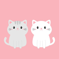 Sticker - Cute gray white cat kitty kitten set. Kawaii cartoon character. Smiling face, tail. Happy Valentines Day. Baby greeting card tshirt notebook cover print. Pink background. Flat design