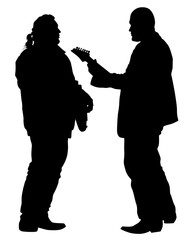 Wall Mural - Rock musicians whit guitar on stage. Isolated silhouettes on a white background