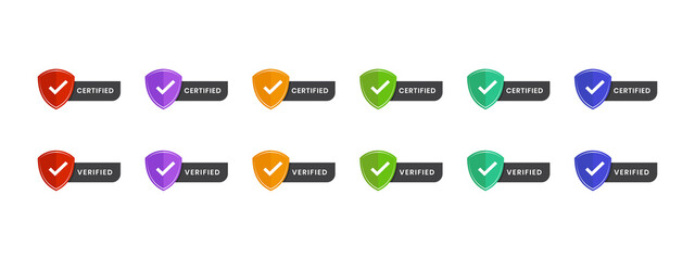 Poster - certified, verified text with icon vector illustration. logo shield badge editable space text in col