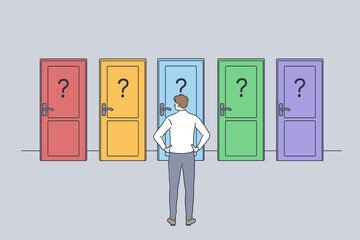 Wall Mural - Hard decision, success or failure concept. Businessman standing backwards in front of colourful doors trying to choose one thinking of unknown future and opportunities illustration