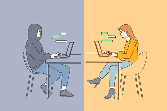 Online dating fraud, trick in internet communication concept. Young happy smiling female sitting at laptop having online date and chatting with fake boyfriend trusting him vector illustration