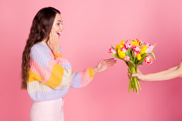 Canvas Print - Profile side view portrait of lovely trendy amazed cheerful girl getting bunch fresh tulips event isolated over pink pastel color background