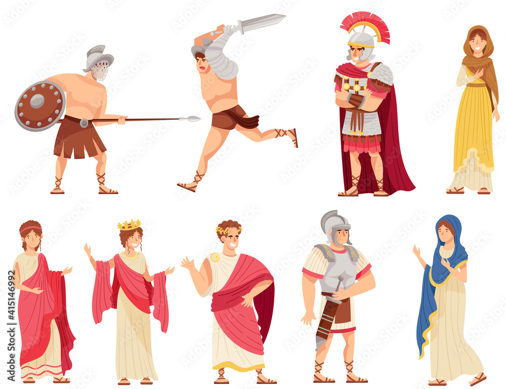 Romans Man and Woman in Traditional Ethnic Clothing with Warrior and Emperor Vector Illustration Set - obrazy, fototapety, plakaty 