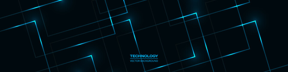 Poster - Black technology abstract wide banner with blue luminous lines and highlights. Futuristic dark blue tech horizontal wide background.