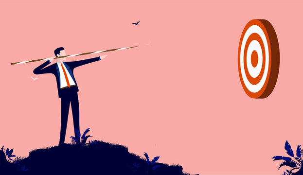 businessman aiming at target - man ready to throw spear. business determination concept. vector illu