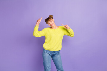 Poster - Portrait of lovely cheerful girl dancing enjoying rest having fun isolated over pastel violet color background