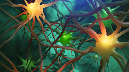 Aufkleber - Human brain, neural network, neuron connections. Electrical impulses and information transmission. Realistic 3D illustration inside brain