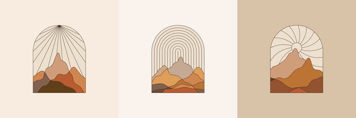 Wall Mural - Vector illustration in simple line style - boho abstract print - simple natural landscape with mountains and hills