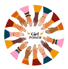 International Women s Day 8 March. Feminism female hands together greeting card. Girls power. Fight for freedom, independence, equality. Vector illustration.