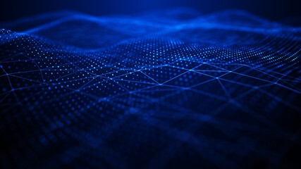 Abstract wave with moving dots and lines. Flow of particles. Cyber technology illustration. 3d rendering