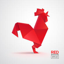 Geometric 3d Red Rooster Isolated Vector Illustration. Realistic Origami Style Rooster Icon. Template For Cover Banner Poster Design. Isolated Vector Illustration For Card Or Icon	
