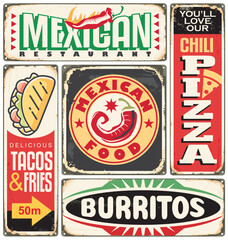 Wall Mural - Mexican restaurant retro tin signs collection. Chili, tacos, burritos, hot and spicy food Mexican cuisine menu advertisements and signboards. Vector illustration for diner or cafe bar.