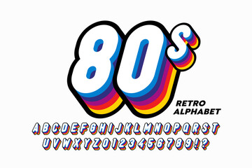 Wall Mural - 80's style colorful retro 3D font, alphabet letters and numbers