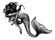 Monochromatic Beautiful Mermaid With. Hand Drawn Illustration. Vector