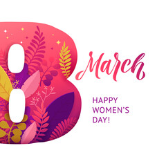 Wall Mural - International Womens Day. March 8 banner with floral decor. Cut paper with a pattern of spring plants, leaves and flowers. Template for a poster, cards, banner Vector illustration