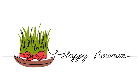 Wall Mural - Happy Nowruz simple background, poster, banner with green wheat grass and red ribbon. One continuous line drawing, single lineart. Persian New Year greating, lettering Happy Nowruz
