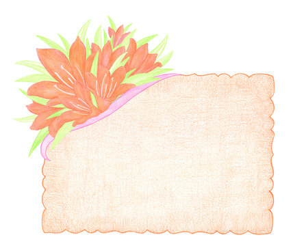 Watercolor Greeting Card with orange lily flowers and green leaves for the holidays