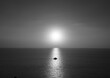 Photos of the boat on the ocean in the evening. Sunshine on water as glistening light with black and white color.  There is a horizon line behind. The idea for monochrome background with copy space.