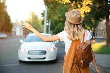 Canvas Print - Young woman catching taxi on city street, back view