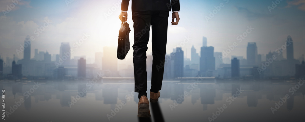 forward to success, back of confident businessman holding business document bag walk to achievement, future professional man leader move and step  to freedom of city and social - obrazy, fototapety, plakaty 