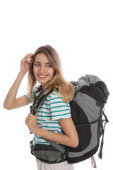 Wall Mural - Woman with backpack on white background. Summer travel