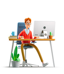 Nerd Larry sits at the table with a computer. 3d illustration.