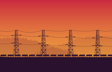 silhouette solar panel farm with high voltage electric pole on orange gradient background