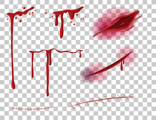 Wall Mural - Red dripping blood with many different wounds on transparent background