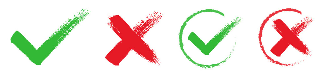 Poster - set check mark and cross. set hand drawn check mark, tick and cross brush signs, checkmark ok and x 
