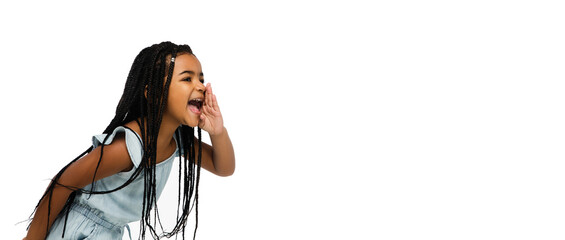 Wall Mural - Flyer. Happy longhair brunette little girl isolated on white studio background with copyspace for ad. Looks happy, cheerful, sincere. Childhood, education, human emotions, facial expression concept.