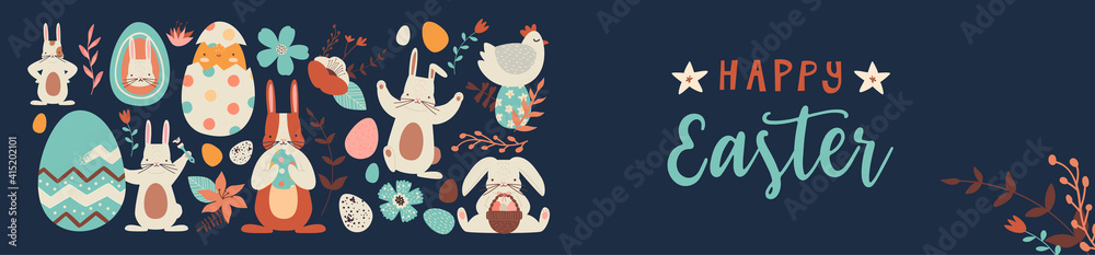 Happy easter cute folk rabbit egg doodle banner - obrazy, fototapety, plakaty 