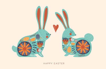 Happy Easter cute folk rabbit cartoon card