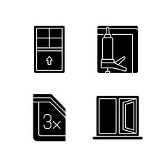 Poster - Residential window and door installation black glyph icons set on white space. Single-hung windows. Heat, cooling loss reduction. Ventilation control. Silhouette symbols. Vector isolated illustration