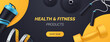 © alexandertrou - Sports and fitness products banner design. Flat lay composition with dumbbells, barbell plates, shaker, skipping rope, measuring tape. Advertisement concept for sports store. Vector illustration.