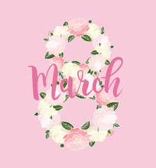 Beautiful floral greeting card design for Women's Day with hand drawn lettering on pink background. 8 march. - Vector