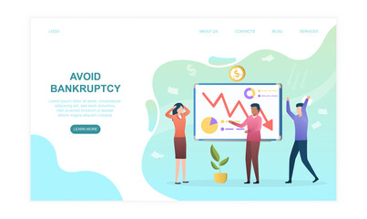 Poster - male and female business partners suffering from bankruptcy. group of people standing near board wit