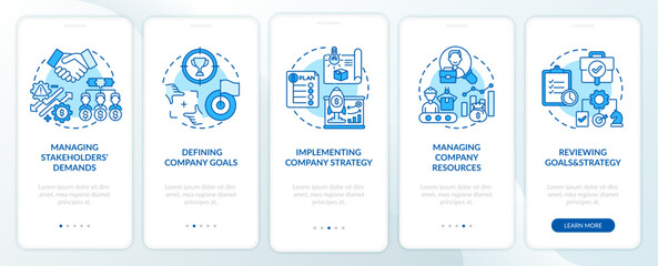 Top management tasks onboarding mobile app page screen with concepts. Defining company goals walkthrough 5 steps graphic instructions. UI vector template with RGB color illustrations