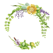 Floral Wreath Watercolor Hand Painted Illustration. Isolated On White Background. Spring Realistic Fresh Flowers In Elegant Frame. Perfectly For Greeting Card Design.