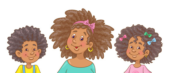 Sticker - Portrait of a happy African American family. Mother and children with curly hair. Isolated on white background. In cartoon style. Vector illustration.