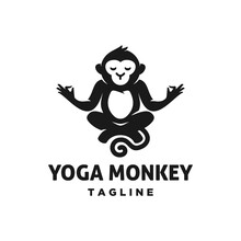 Monkey Meditation Yoga Position Logo Icon , Chimpanzee Ape Meditating In Lotus Pose Cartoon Mascot Design Illustration